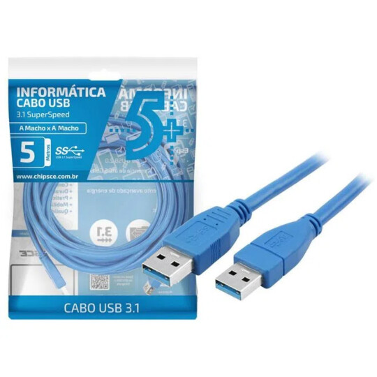 Cabo Usb 3.1 - Usb A Macho + Usb A Macho 3.1 - 3 Metros Azul Chipsce - 018-7714