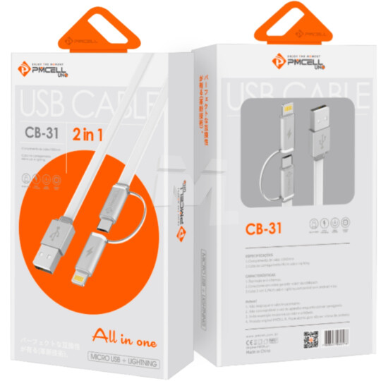 Cabo Carregador 2 em 1 V8 Micro USB + Lightning IOS 1 Metro PMCELL - CB-31
