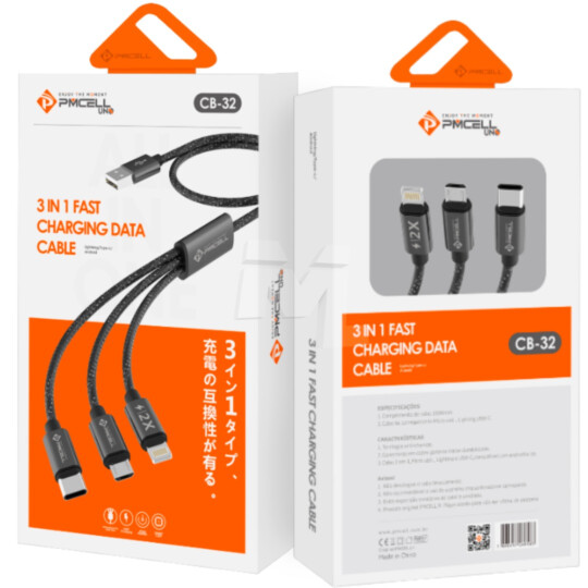 Cabo 3 em 1 Cromo 739 V8 + Lightning + Type C 1 Metro PMCELL - CB-32