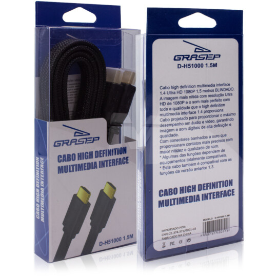 Cabo HDMI em Malha 1.4 tipo Flat 1.5 Metros GRASEP - D-H51000 1.5M