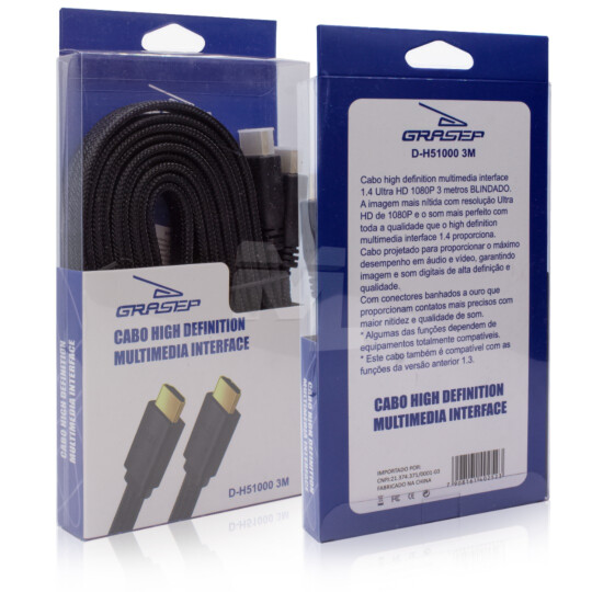 Cabo HDMI em Malha 1.4 tipo Flat 3 Metros GRASEP - D-H51000 3M