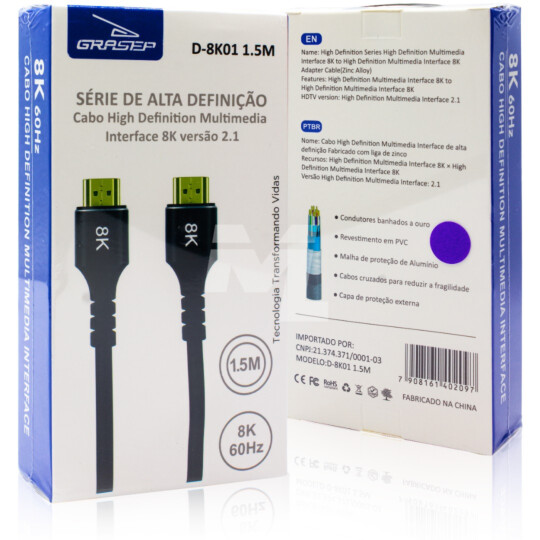 Cabo HDMI para HDMI 2.1 8K com 1.5 Metros GRASEP - D-8K01 1.5M