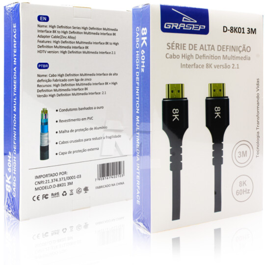 Cabo HDMI para HDMI 2.1 8K com 3 Metros GRASEP - D-8K01 3M