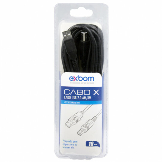 Cabo Usb 2.0 para Impressora AM BM Com Filtro 10 Metros no Blister Exbom - CBX-U2AMBM100