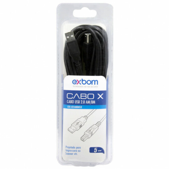 Cabo Usb 2.0 para Impressora AM BM Com Filtro 5 Metros no Blister Exbom - CBX-U2AMBM50