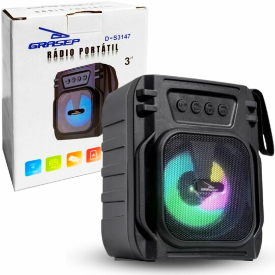 Caixa de Som Bluetooth Portátil 10W Rádio USB GRASEP - D-S3147