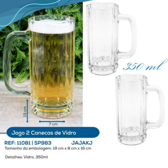 Caneca Chopp Vidro 350ml Jogo com 2 Unidades - SP983