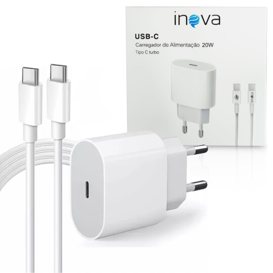 Carregador Smarthphone 1 Entrada 20W Tipo C Com Cabo USB-C INOVA - CAR-0094 C