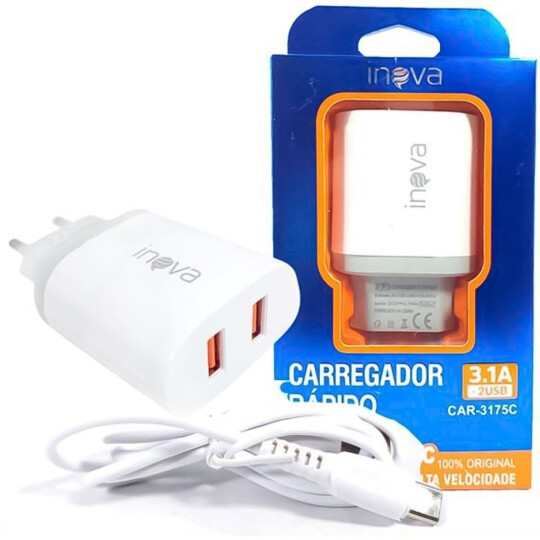 Carregador de Celular 3.1A 2 Portas USB e Cabo Type-C Inova - CAR-3175C