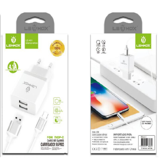 Carregador de Tomada com 2 Portas Usb e Cabo Type C 4.1A - LE-481
