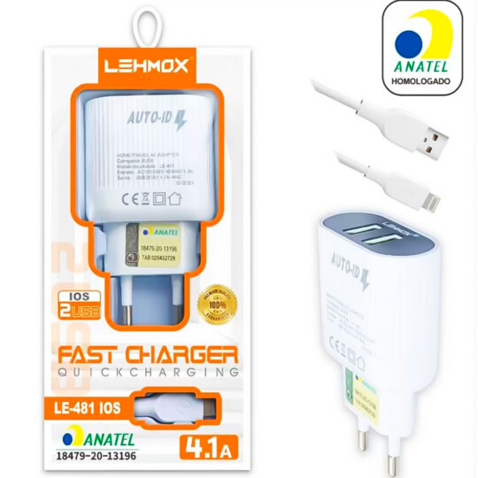 Carregador 4.1A 2 Portas Usb + Cabo Ios Lightning com Anatel Lehmox - LE-481 IOS