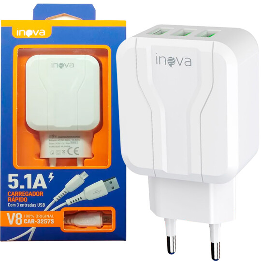 Carregador 5.1A 3 Portas USB C/ Cabo Lightning INOVA - CAR-3257A