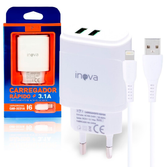 Carregador de Celular 2 Portas USB 3.1A e Cabo Lightning INOVA - CAR-3231A