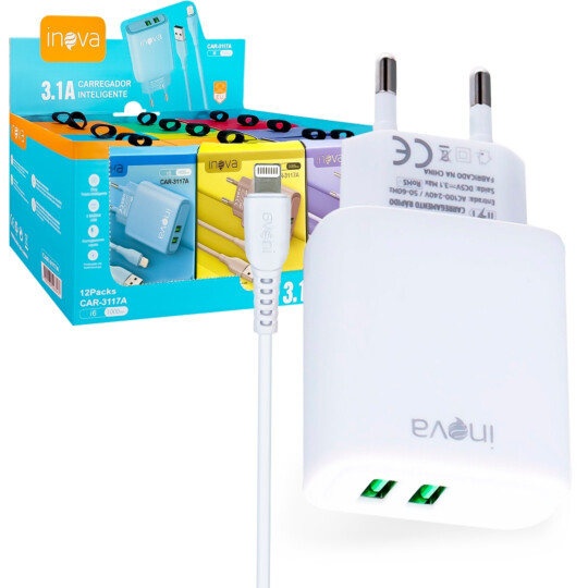 Carregador De Celular 3.1A 2 Portas USB e Cabo Lightning INOVA - CAR-3117A 12 UNIDADES