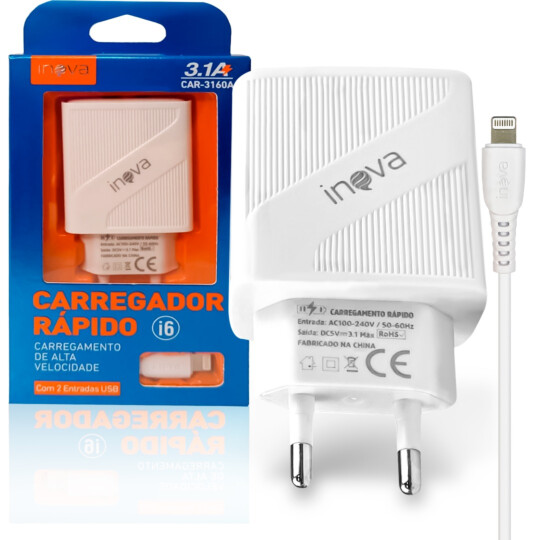Carregador De Celular 2 Portas USB 3.1A e Cabo Lightning INOVA - CAR-3160A