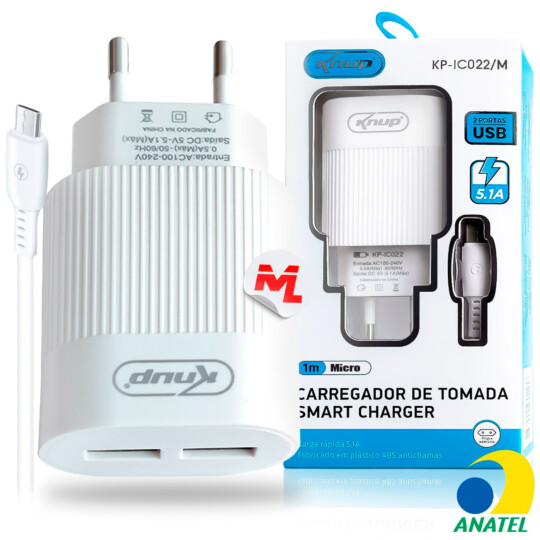 Carregador de Celular 5.1A com Selo Anatel 2 Portas Usb e Cabo V8 KNUP - KP-IC022/M