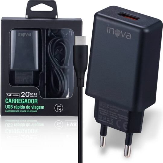 Carregador De Celular Turbo 20w QC 3.0 Com Cabo Tipo-C INOVA - CAR-2176D