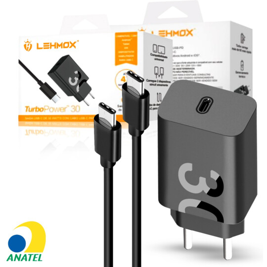 Carregador De Celular Turbo 30W Type-c Pd Com Cabo 1 Metro Lehmox - LE-490 PD