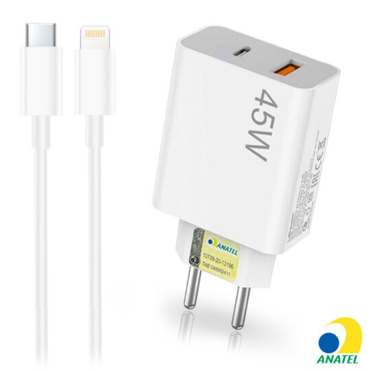 Carregador de Celular Turbo 45W PD USB com Cabo Lightning 1M Lehmox - LE-405 A+IOS