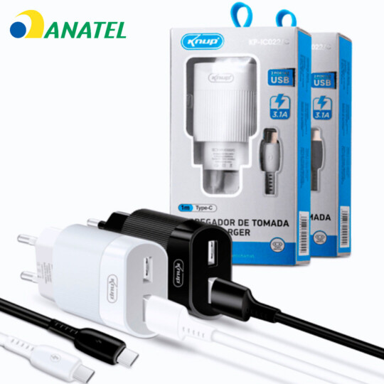 Carregador de Celular 3.1A com 2 Portas Usb e Cabo Tipo C 1M KNUP - KP-IC019/C