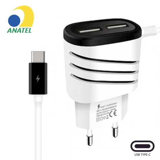 Carregador USB Tipo C para Smarthphone 2 USBs Kapbom - KA-393 TY