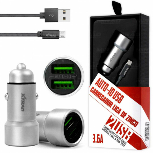Carregador Veicular Liga de Zinco Auto ID de 2 USB 3.6A Xtrad - A1035