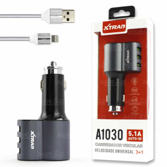 Carregador Veicular de 3 USB 5.1a com Acendedor de Cigarro Xtrad - A1030