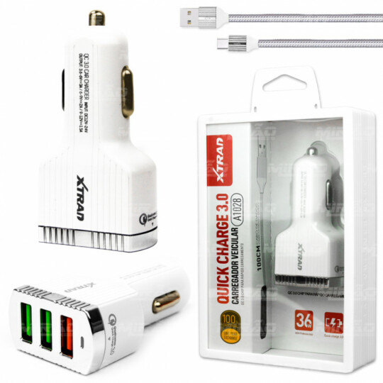 Carregador Veicular Auto ID de 1 USB 3.0A + 2USB Xtrad - A1028