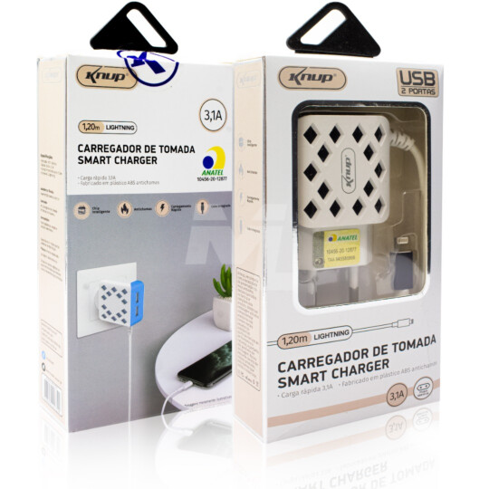 Carregador de Celular 3.1A Smart Anatel 2 Portas Usb e Cabo IOS Lightning Knup - KP-IC016