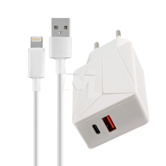 Carregador PD Porta USB + Type-C QC+3.0 40W com Cabo Lightning - KV-3130 A