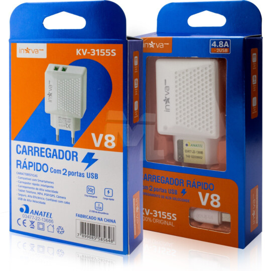Carregador 2 Entradas Usb com Cabo V8 com Anatel - KV-3155 S