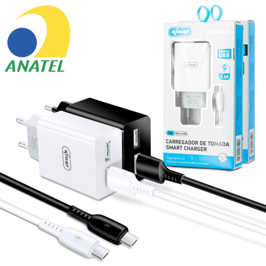 Carregador Portátil para Celular 3.1A com 2 Portas Usb e Cabo V8 1M KNUP - KP-IC021/M