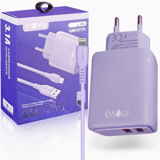 Carregador de Celular 3.1A 2 Portas Usb e Cabo Lightning INOVA - CAR-3117A