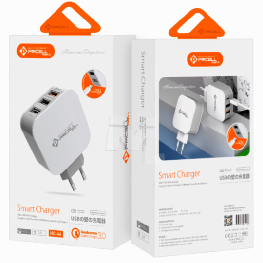 Carregador Turbo QC3.0 com 2 Portas USB e Porta Type C PMCELL - HC-44