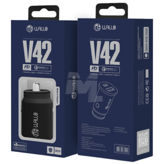 Carregador Veicular Quick Charge 3.0 com Entrada Usb + Type-C WALLO - V42