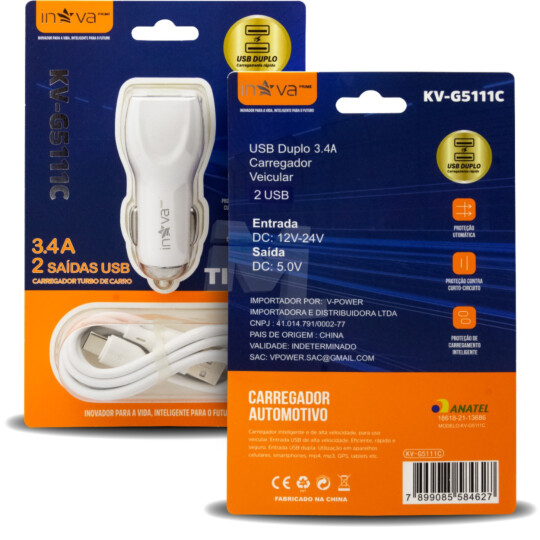 CAIXA FECHADA com 50 Unidades Carregador Veicular + Cabo Type-C INOVA - KV-G5111C