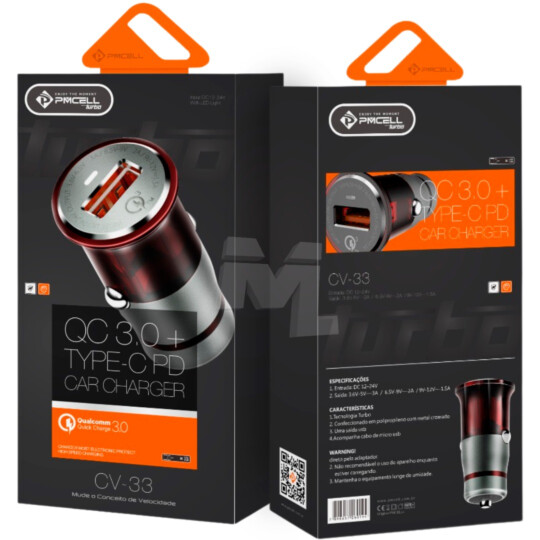 Carregador Veicular Turbo QC 3.0 com Cabo V8 PMCELL - CV-33