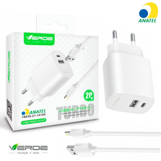 Carregador de Celular 20W PD com Portas Usb + Tipo C e cabo Lightning para IOS VERDE - CDQ-PDQ3-03-IP