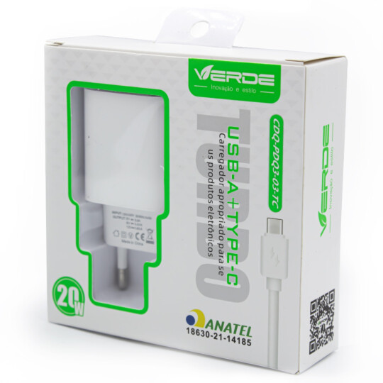 Carregador de Celular 20W PD com Portas Tipo C + Usb e cabo Tipo C VERDE - CDQ-PDQ3-03-TC