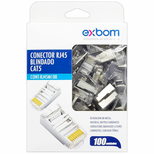 Conector Blindado RJ45 Cat5 8P8c Para Gigabit Ethernet Banhado a Ouro 100 Unidades Exbom - CONT-RJ45M100