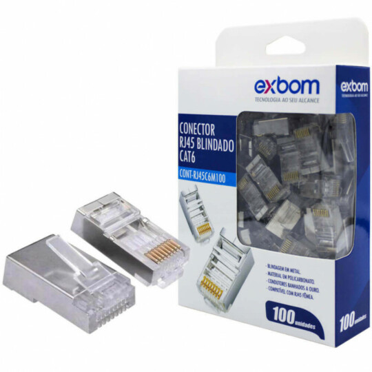 Conector Blindado RJ45 Cat6e 8P8c Para Gigabit Ethernet Banhado a Ouro 100 Unidades Exbom - CONT-RJ45C6M100