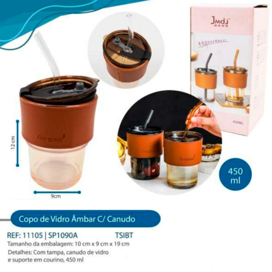 Copo de Vidro com Canudo e Tampa Âmbar 450ml - SP1090A