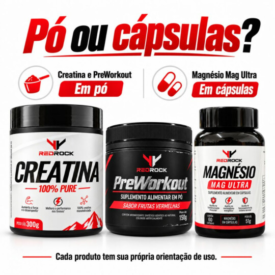 Kit Suplementos Redrock Pré-Treino+Creatina+Magnésio