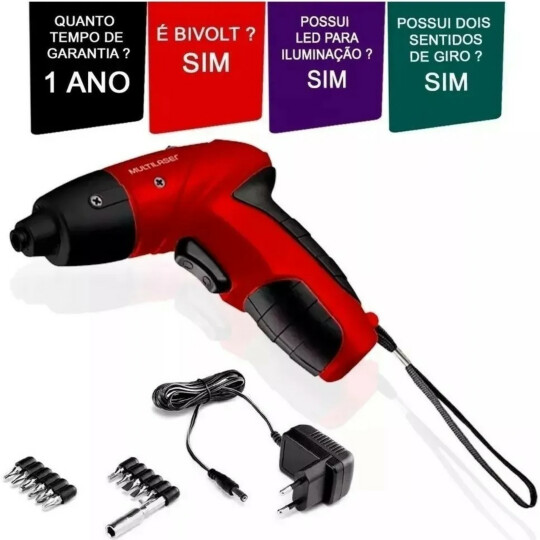Parafusadeira Elétrica Bivolt com Led e Kit com 11 Bits 2 Sentidos de Giro Vermelho Multilaser - HO031