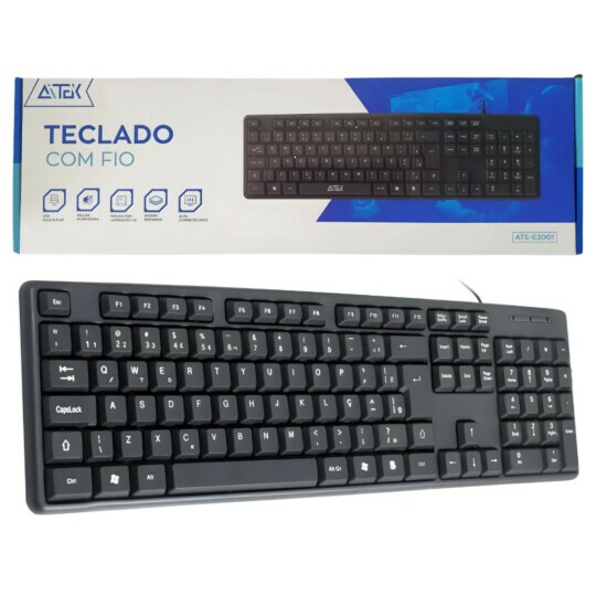 Teclado Multimídia Para Escritório ABNT-2 Simples Cabo USB ATE-E2001
