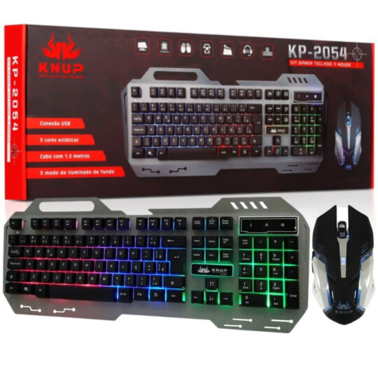 Kit Teclado e Mouse Gamer USB com Led RGB e Suporte para Celular KNUP - KP-2054