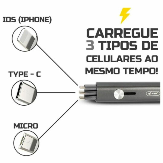 Cabo Portátil USB 3 em 1 V8 Type-C e Lightning Metal Knup - KP-CO400