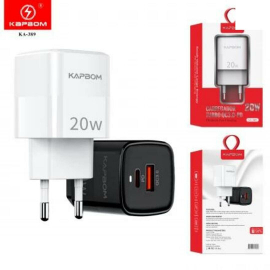 Carregador de Celular Turbo QC 3.0 Usb + PD Tipo C 20W KAPBOM - KA-389