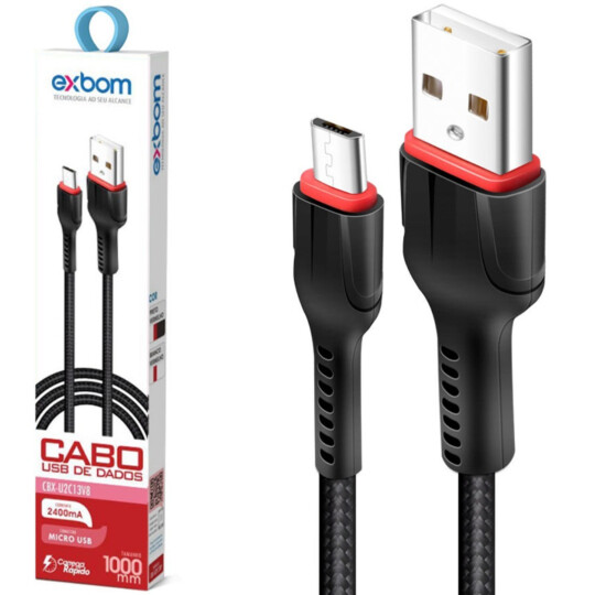 Cabo V8 Micro Usb 2.4A Turbo 1 Metro de Dados e Carregamento Exbom - CBX-U2C13V8