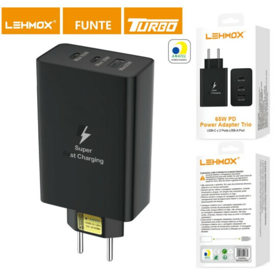 Carregador de Celular Turbo 2PD+USB 120W QC3.0 LE-626-1
